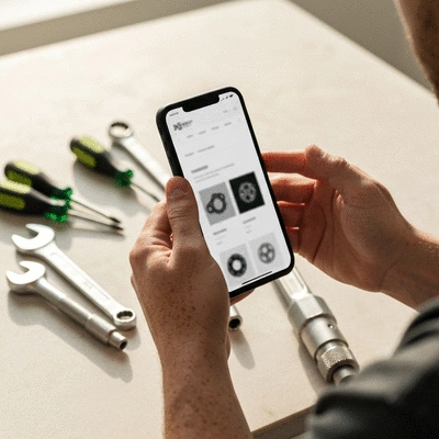 Person using a smartphone to search for motorcycle parts online