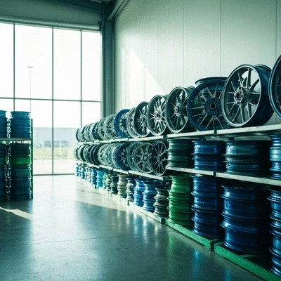 A variety of organized motorcycle wheels and rims stacked in a recycling facility