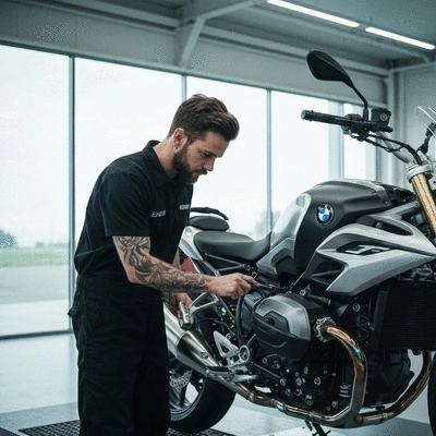 Professional mechanic inspecting a BMW motorcycle engine in a modern well-lit workshop