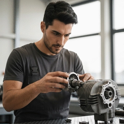 Professional mechanic inspecting used motorcycle engine parts in a clean workshop
