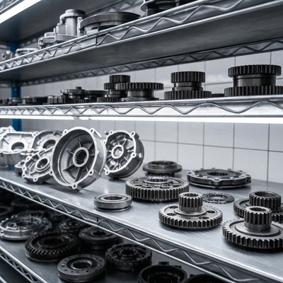Close up of organized used motorcycle engine components on a shelf