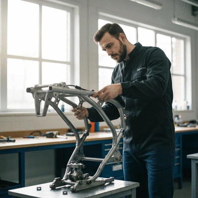 Professional mechanic inspecting a used dirt bike frame in a workshop setting