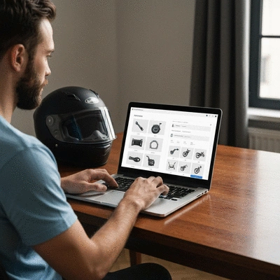 Person using a laptop to browse a motorcycle parts catalog with a motorcycle helmet nearby
