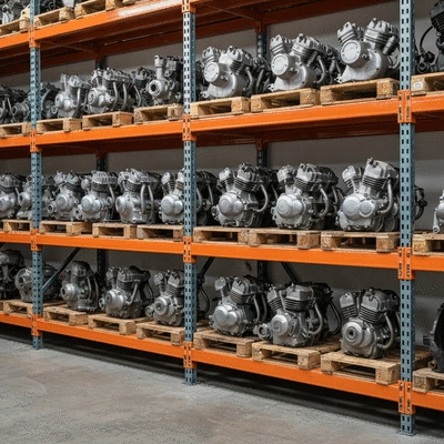 Organized warehouse shelves filled with used dirt bike engine parts and components