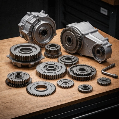 Clean used motorcycle engine parts on a wooden workbench