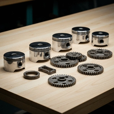 Clean organized motorcycle engine parts on a workbench