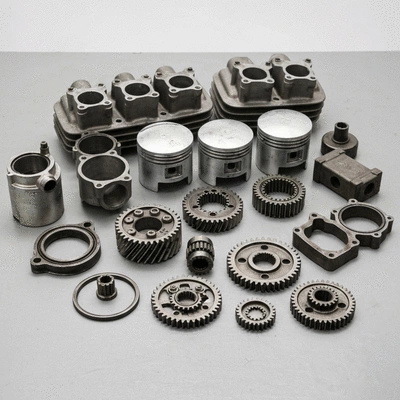 Close up of refurbished motorcycle engine components on a clean workbench