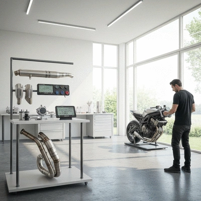 Modern motorcycle showroom with high-tech performance parts on display