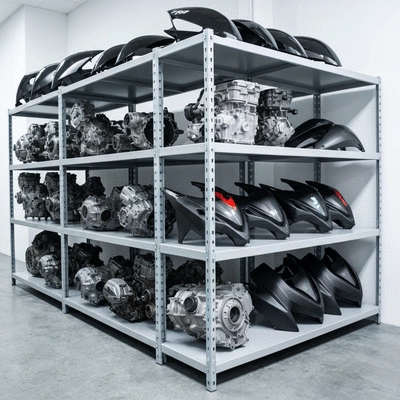 Organized shelves of high-quality used BMW motorcycle components in a clean warehouse set up