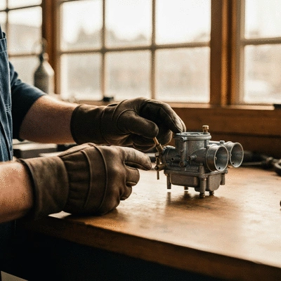 Mechanic hands inspecting a used motorcycle carburetor in a workshop setting