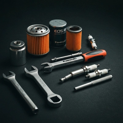 Professional motorcycle tools and Kawasaki spare parts on a workshop table