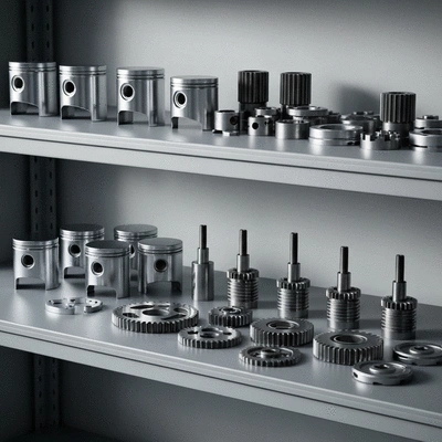 Organized motorcycle engine parts on a clean workshop shelf