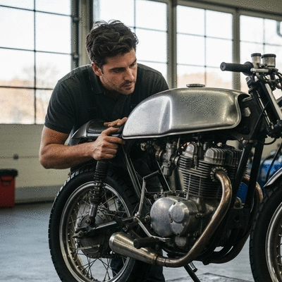 Professional motorcycle mechanic inspecting an old motorbike in a garage environment