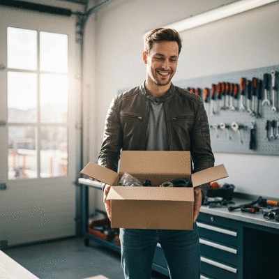 A motorcycle rider receiving a package delivery in a garage setting