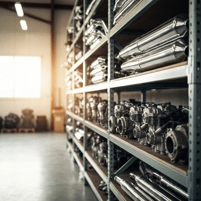 Organized shelves of high-quality used motorcycle engine parts in a clean warehouse