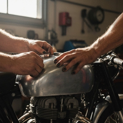 Detailed close-up of a vintage motorcycle fuel tank being restored