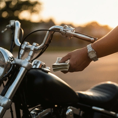 Close up of a person receiving cash payment next to a motorcycle handle